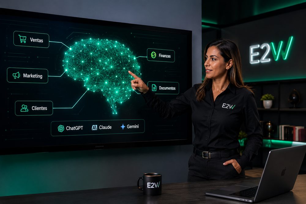 Especialista de Emp2Web frente al cerebro digital con áreas y LLMs conectados